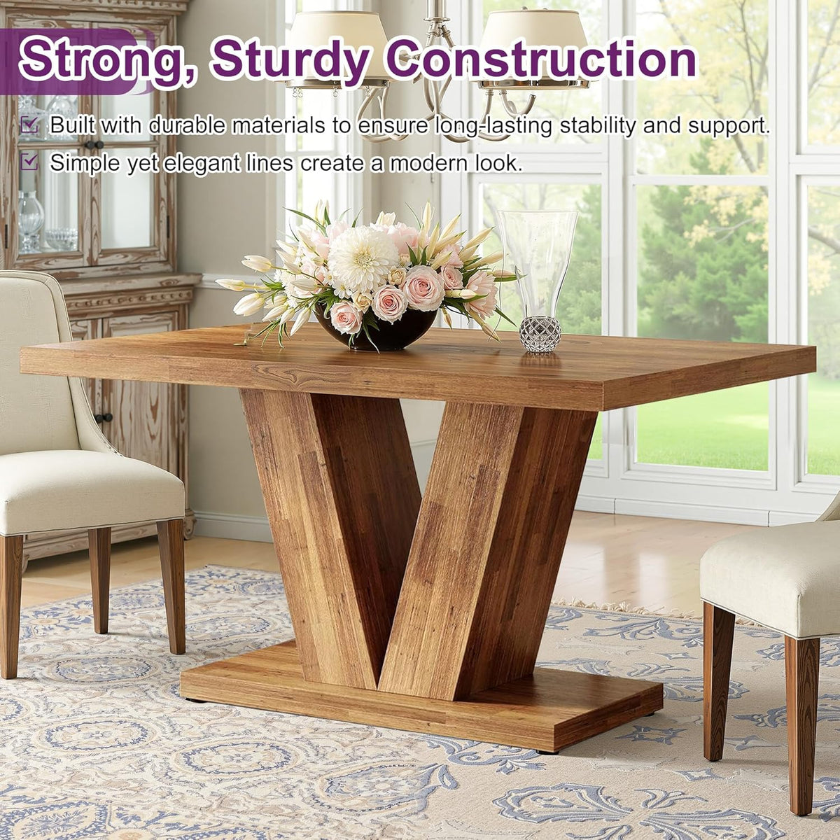 47" Dining Table, Wooden Kitchen Dinner Table Heavy Duty, Farmhouse Table for Dining Room, Living Room Space Saving, Brown