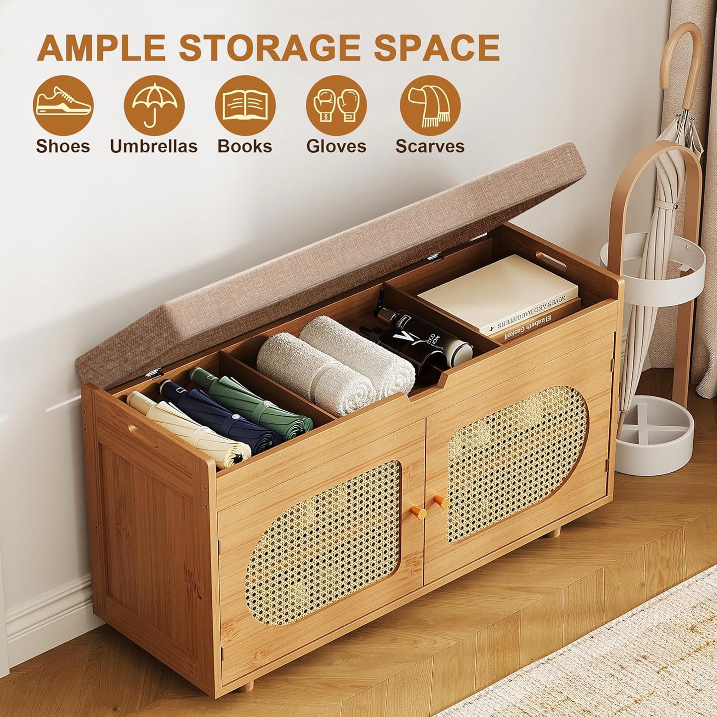 Rattan Shoe Storage Bench,Bamboo Entryway Bench, 2-Tier Shoe Rack,35.4" W x 12.6" D x 19.7" H with 2 Doors & Padded Seat Cushion for Entryway, Living Room, Bedroom, Natural