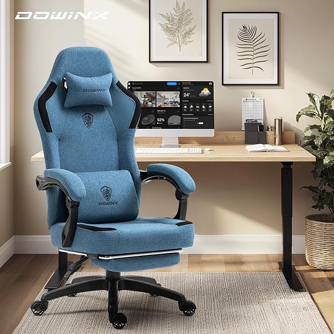 Dowinx Fabric Gaming Chair with Pocket Spring Cushion,Breathable Computer Chair with Massage Lumbar Support and Footrest,High Back Game Office Chair for Adult,Dark Blue