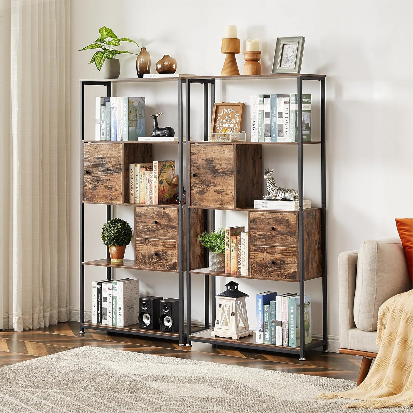 VECELO 5-Tier Bookshelf,Bookcase with 2 Storage Drawers and 1 Cabinet, Wood Shelves with Metal Frame,Open Book Shelves Standing Shelf Unit for Living Room, Bedroom,Office,Kichen