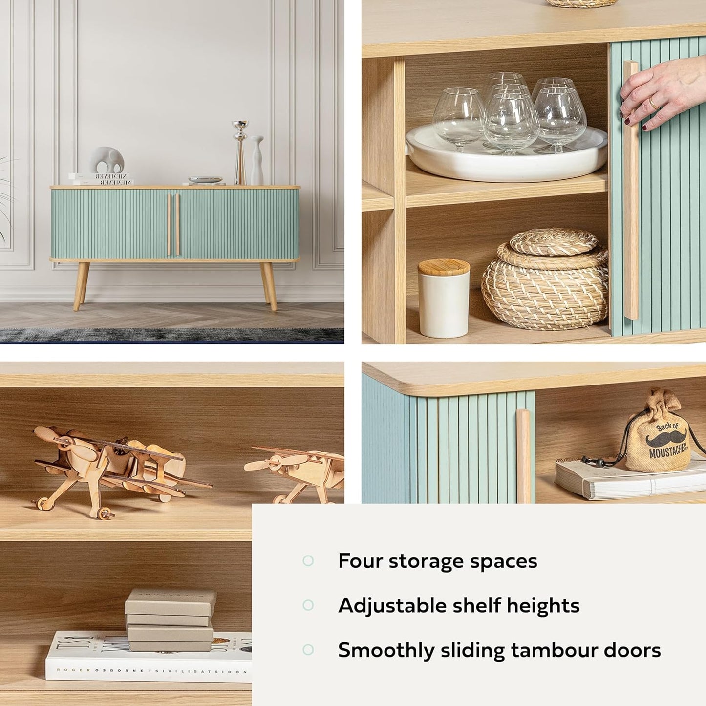 WERMO 53'' Blue Cabinet with Doors and Shelves - Credenza, Modern Media Console Table with Storage, Blue Sideboard Storage Accent Cabinet for Living Room, Office, Entryway and Bedroom (Oak)