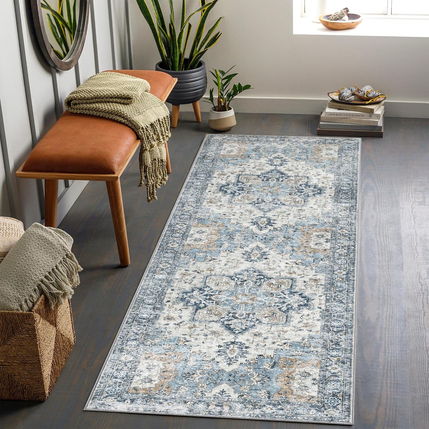 GENIMO Runner Rug 2x5, Machine Washable Non Slip Vintage Runner Rug, Low Pile Lighrweight Rugs for Entryway, Hallway, Kitchen and Corridor, Blue