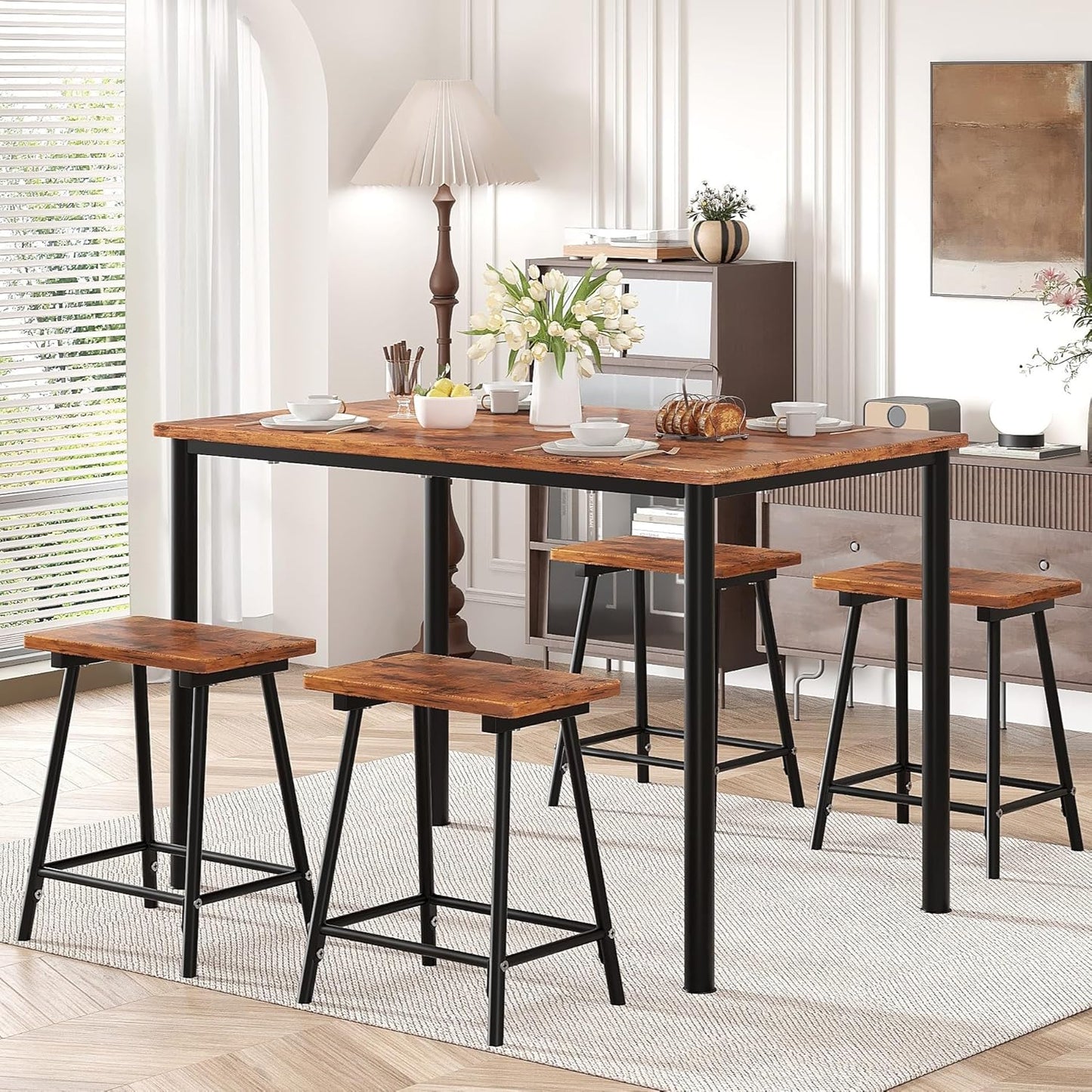 VECELO Kitchen Table and Chairs for 4, Dining Room Set with Chairs/Stools, Heavy-Duty Metal Frame with Wooden Tabletop for Small Spaces, Easy Assembly, Antique Brown