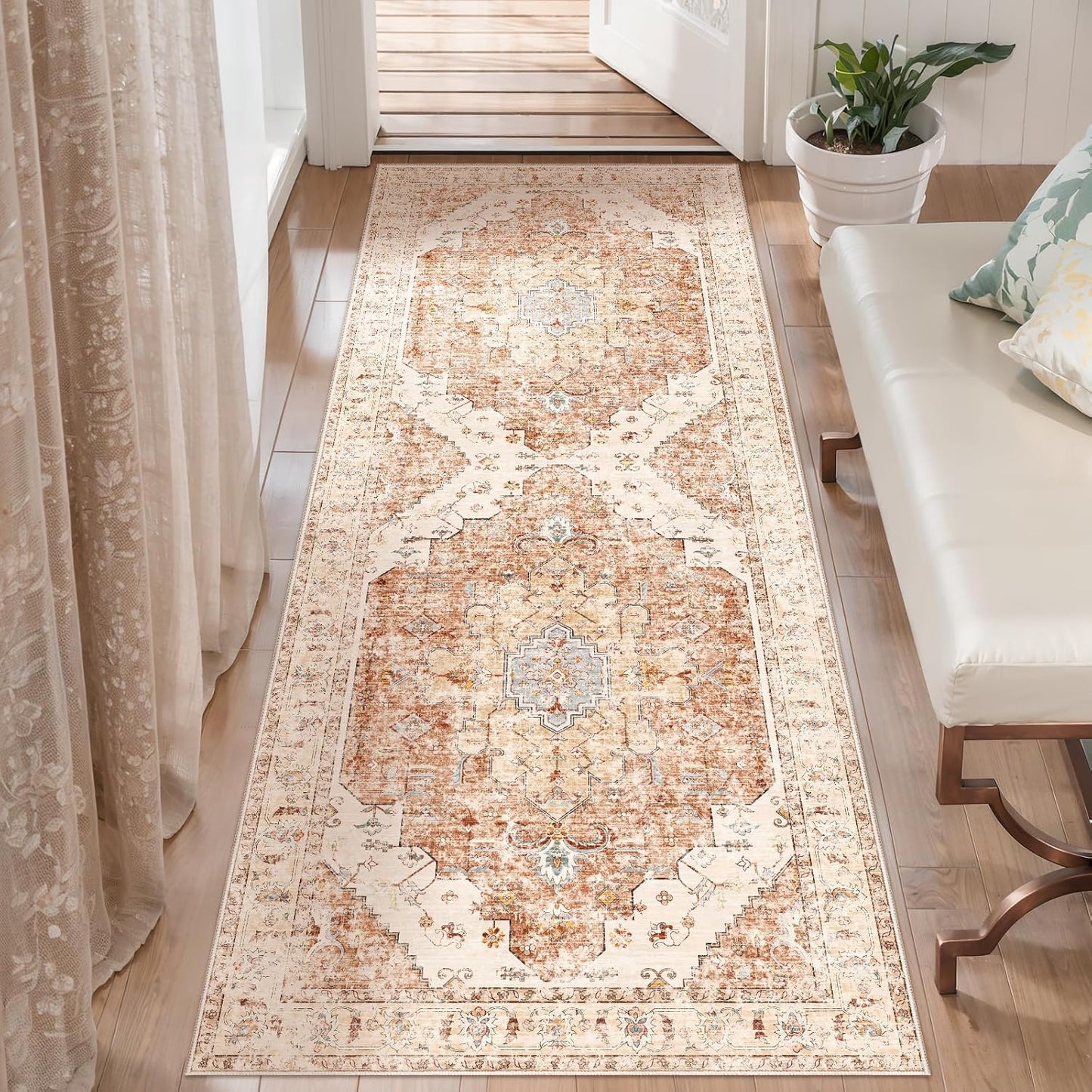 Tangsoo 2x6 Washable Runner Rug for Hallways, Non Slip Vintage, Soft Low Pile Long Runner, Print Distressed Brick Red for Kitchen Bedroom Entryway Bathroom Living Room