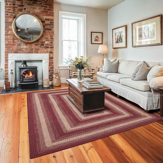 Autumn Maple Burgundy and Tan Braided Area Rug, Jute, 4x6' Rectangle - Rustic Primitive Decor for Entryway, Bedroom, Everywhere