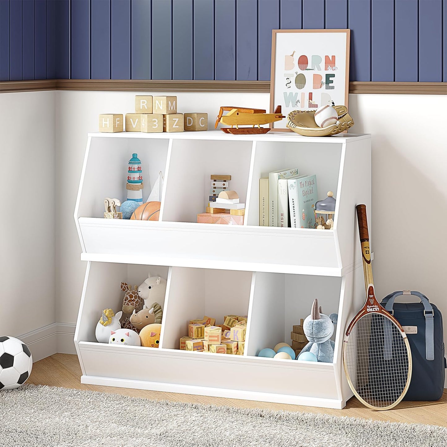 UTEX Stackable Toy Storage Cabinet, Wooden Cubby Organizer, White Shelf for Playroom, Bedroom, Living Room, Nursery, 3 Cubes