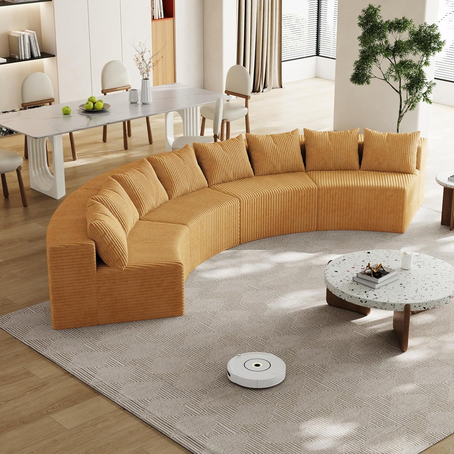 KEIKI Corduroy Curved Sectional Sofa, 4 Seater Symmetrical Modular Semi Circular Couch, Deep Seat Tufted Corner Sofa for Living Room, Lobby, Yellow