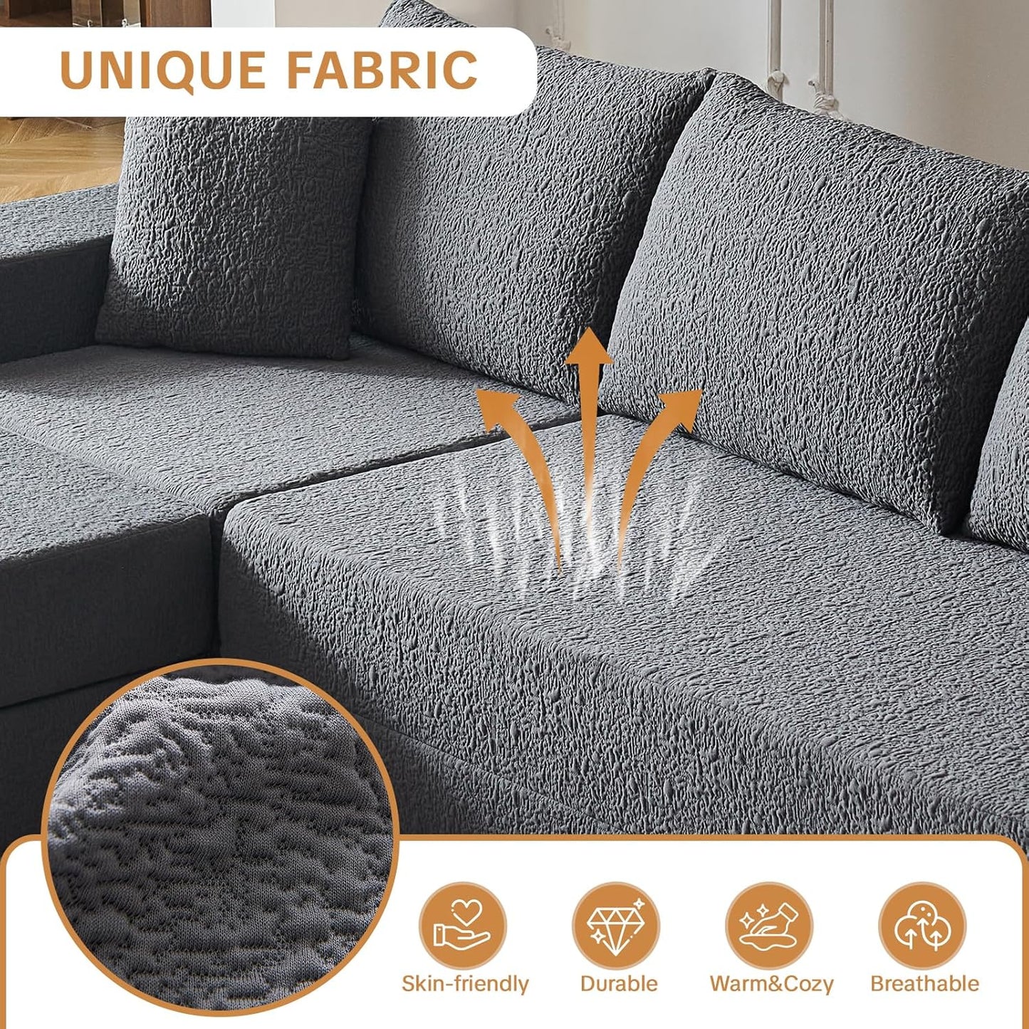 108" Modular Sectional Cloud Sofa - Boneless Couch with Deep Seat, Non Slip Base, Folding Sofa Sectional Couches for Living Room, Cozy Modular Couch with L-Shape Chaise, No Assembly Required, Grey