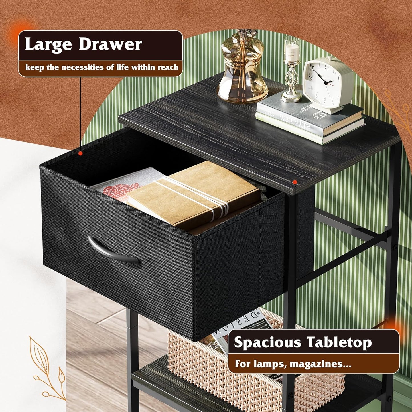 WLIVE Night Stand Set 2, Black Nightstand with Fabric Storage Drawer and Open Wood Shelf, Nightstand Set of 2 with Steel Frame, Side Table for Bedroom, Dorm, Charcoal Black, 25.03" Height