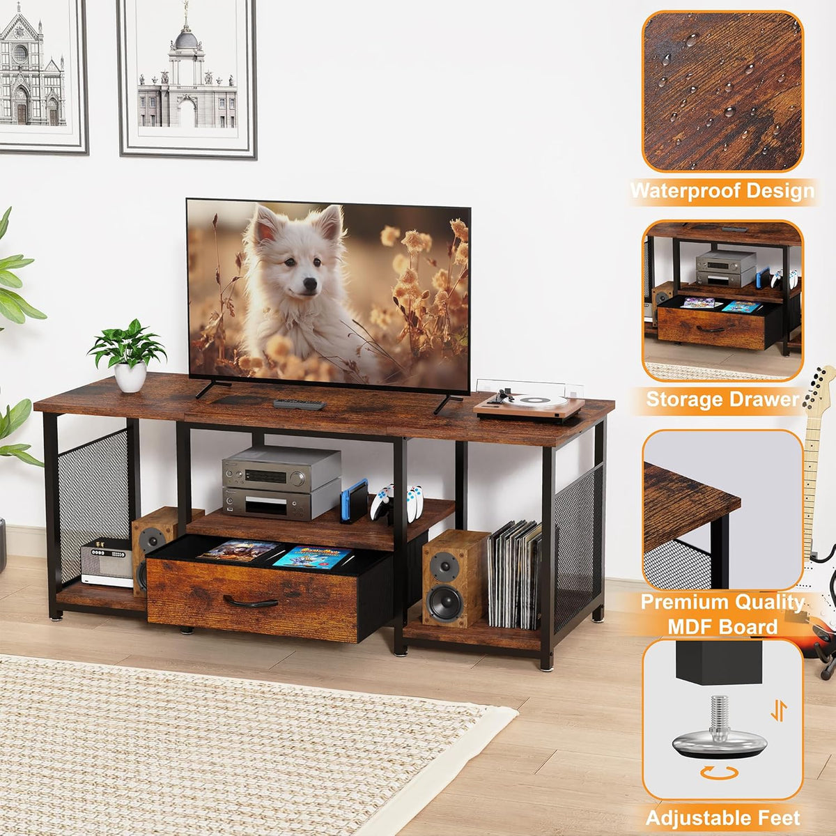 TV Stand with Drawers and Open Storage Shelves for 65 60 55 Inch TV, Entertainment Center with Open Storage Shelves, Industrial Media TV Console Table for Living Room Bedroom Office, Rustic Brown