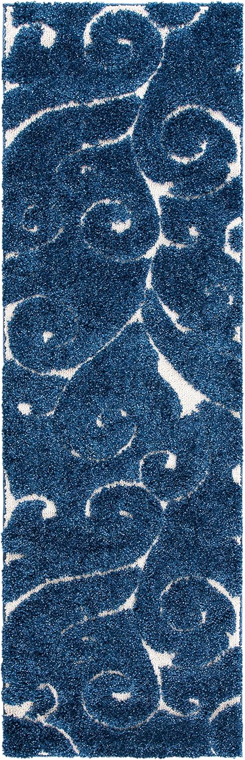 SAFAVIEH Florida Shag Collection Runner Rug - 2'3" x 13', Dark Blue & Cream, Scroll Design, Non-Shedding & Easy Care, 1.2-inch Thick Ideal for High Traffic Areas in Living Room, Bedroom (SG455-6511)