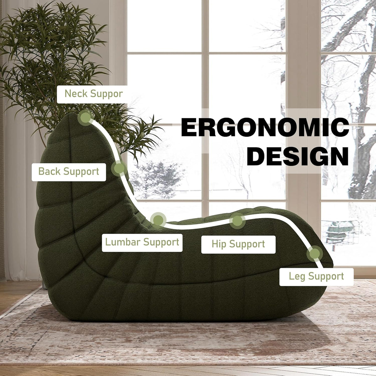 Fireside Bean Bag Sofa - Large Bean Bag Chair for Adults & Teens, High Density Comfortable Foam, Memory Foam for Living Room, Bedroom (Green)
