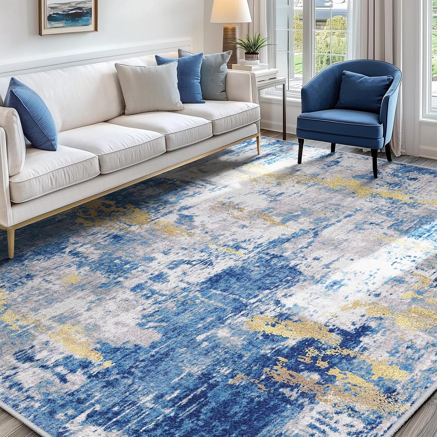 Washable Area Rugs 9'x12' Non-Slip Modern Abstract Soft for Living Room Entryway Bedroom Nursery, Print Pattern, Grey Blue Gold/Golden