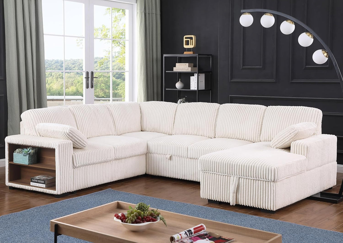 Eafurn Oversized Convertible U Shaped Sleeper Sectional Sofa Pull Out Couch Bed, 6 Seater Corduroy Upholstered Pullout Lounge Sofa Couch Sofabed w/Storage Chaise, Shelves for Living Room Apartment
