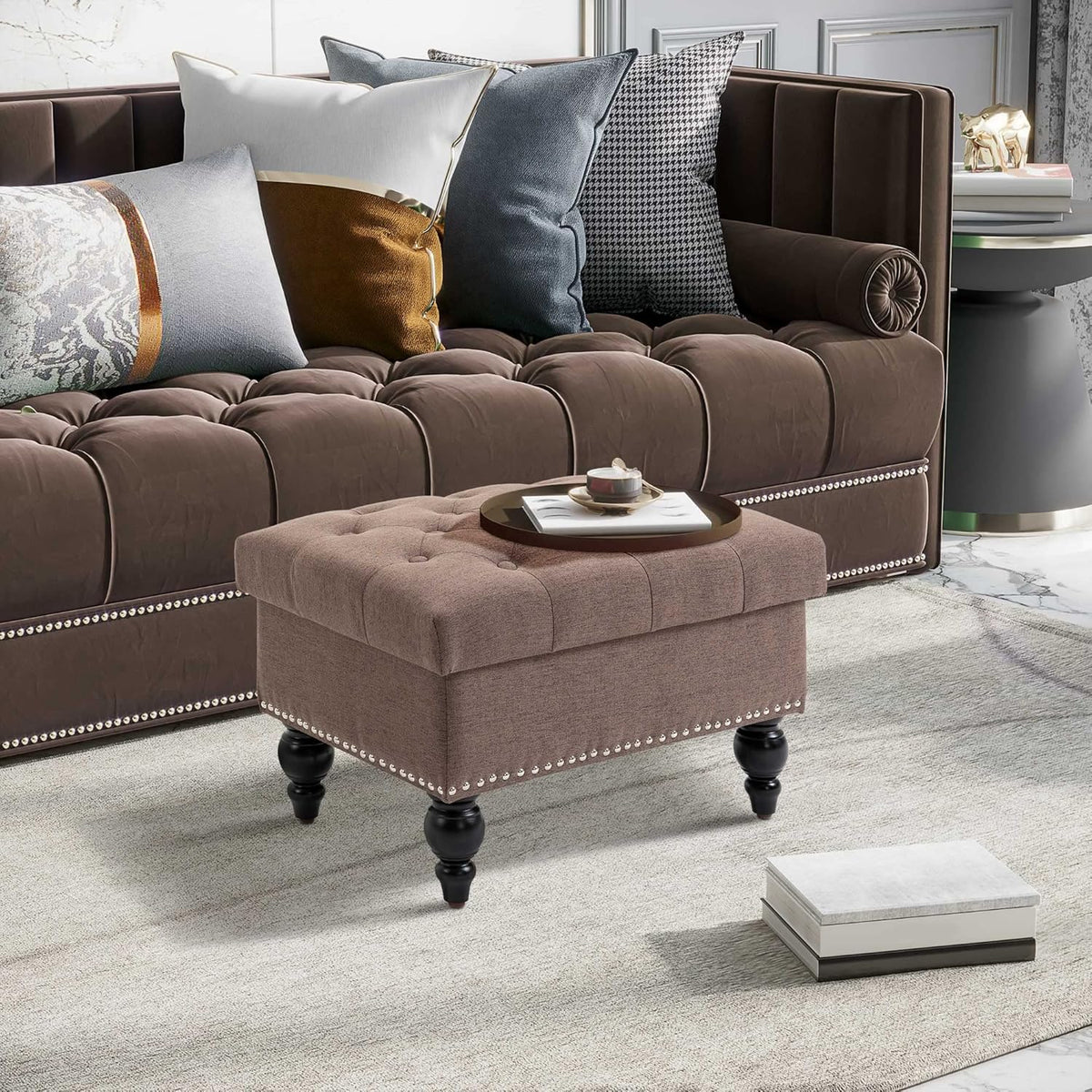 HOMCOM Ottoman with Storage for Living Room, 25" Storage Ottoman with Removable Lid, Button-Tufted Fabric Bench for Footrest and Seat with Wood Legs, Coffee