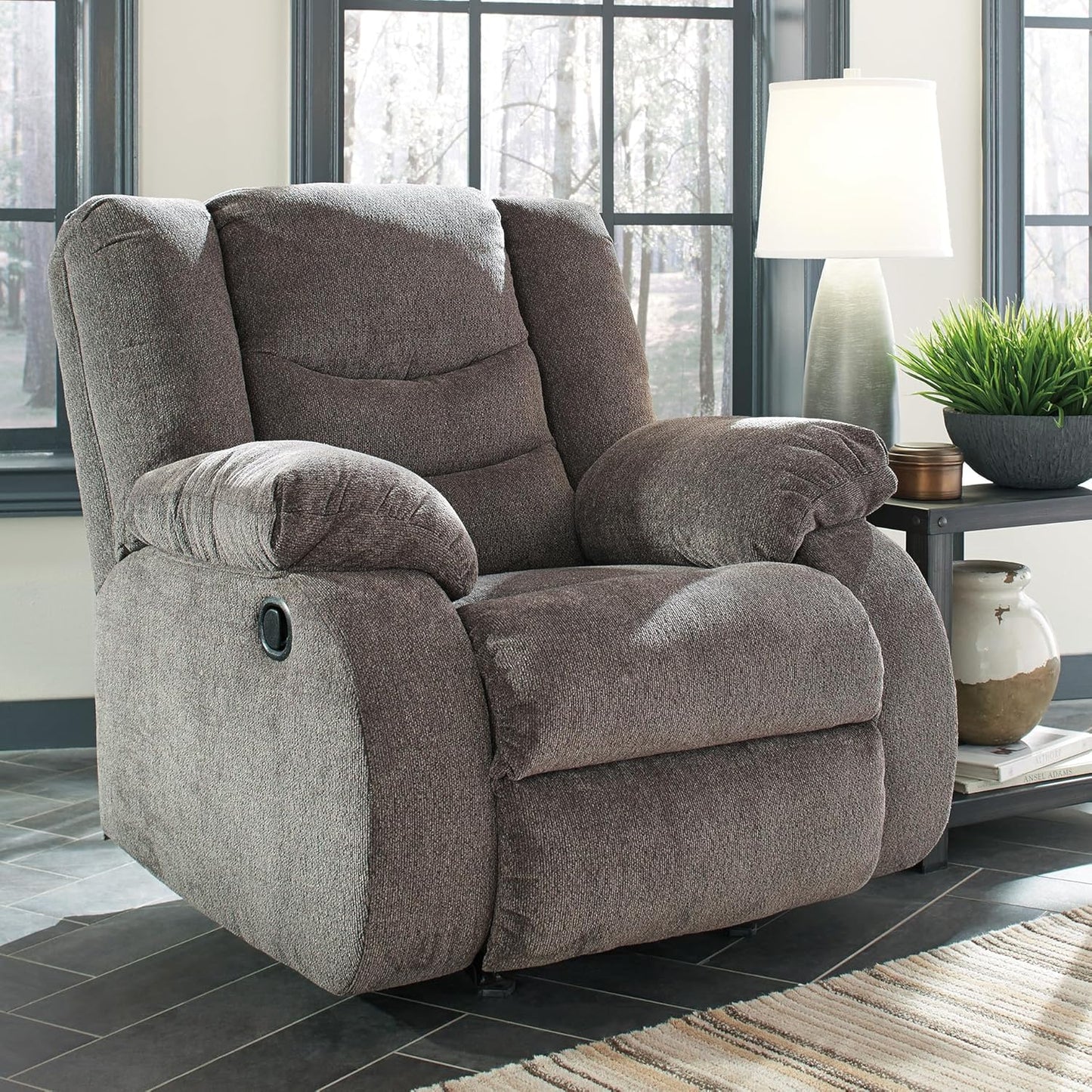 Signature Design by Ashley Tulen Modern Manual Pull Tab Rocker Recliner, Dark Gray