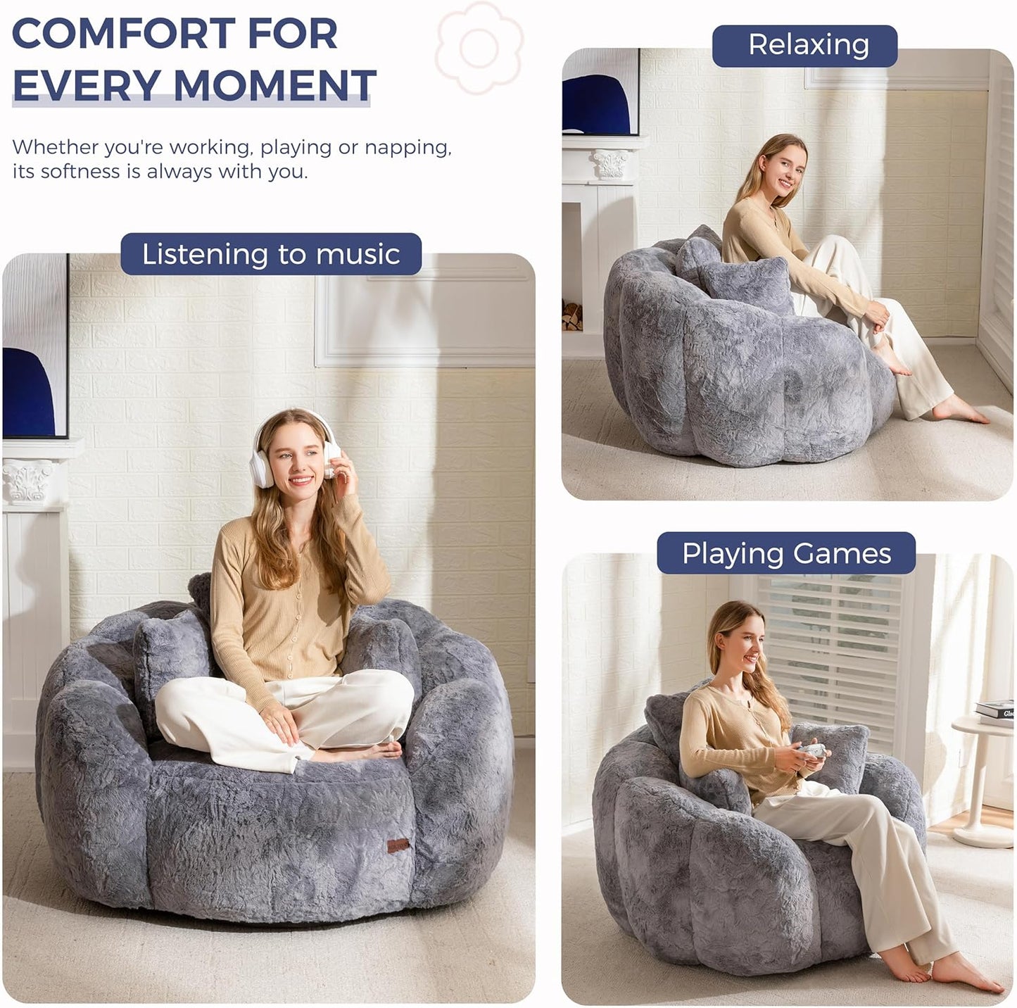 MAXYOYO Bean Bag Chair with 3 Pillows, Oversized Floral Shaped Bean Bag Sofa for Adults, Ultra Soft Faux Fur Floor Sofa, Large Stuffed Reading Chair for Living Room Bedroom, Grey