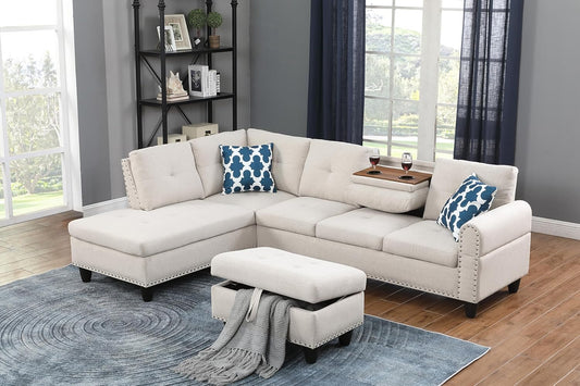 Ball & Cast 98" L Shaped Sectional Couch for Living Room with Storage Ottoman & Nailhead Trim,4 Seat Linen Upholstered Modular Sectional Sofa Set 3 PCS W/Chaise & Cup Holders,for Home,Office,Beige
