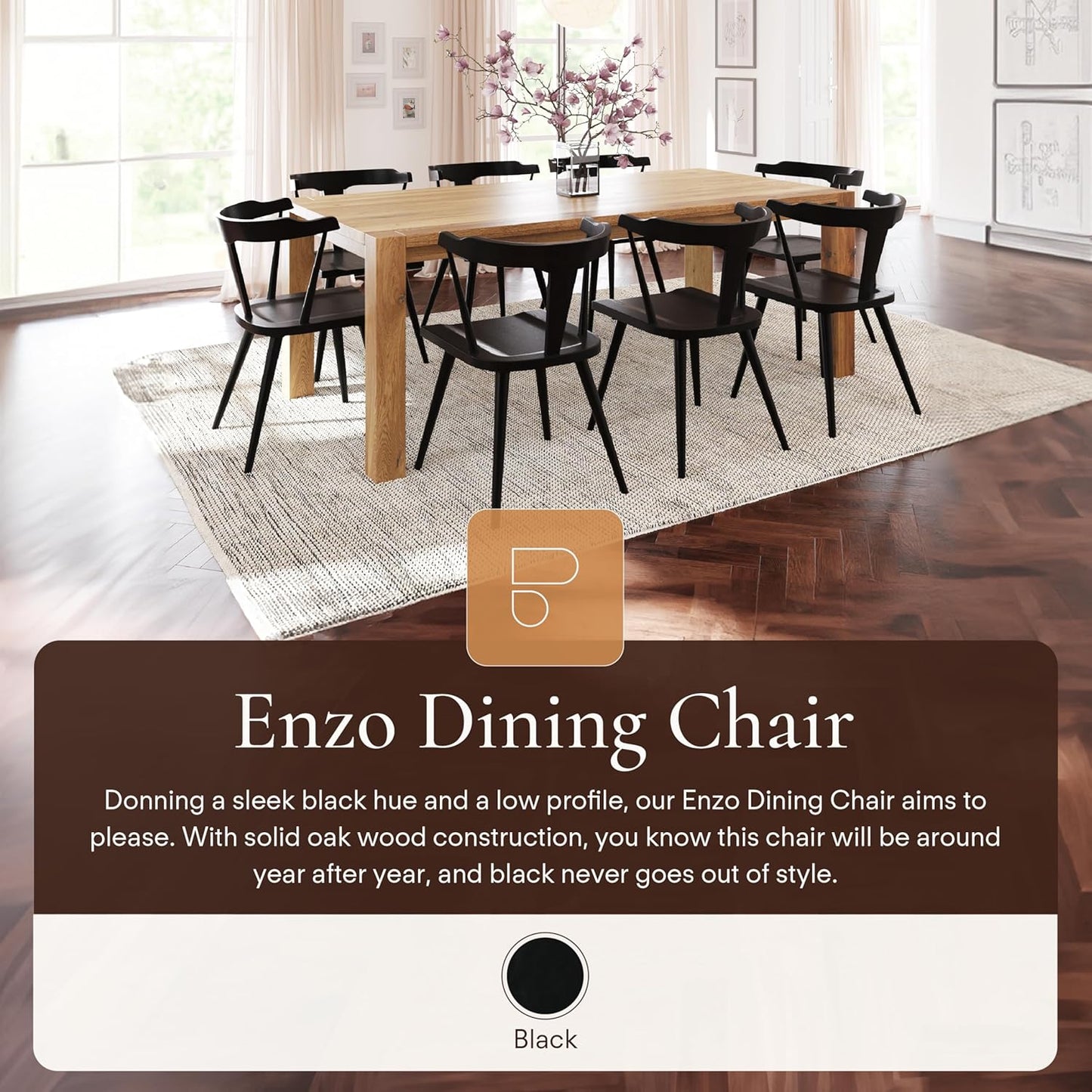 POLY & BARK Mid Century Modern Enzo Black Dining Chair – Solid Oak Wood Splat Back Chair, 18" Seat Height, 32" Tall – Stylish MCM Kitchen & Dining Room Chair - Set of 4