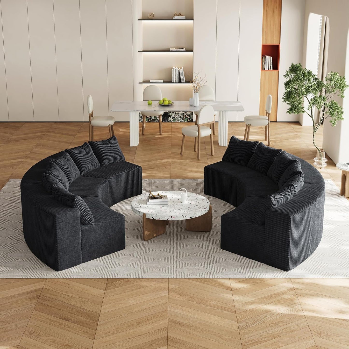 KEIKI Corduroy Curved Sectional Sofa, 6 Seater Symmetrical Modular Semi Circular Couch, Deep Seat Tufted Corner Sofa for Living Room, Lobby, Black