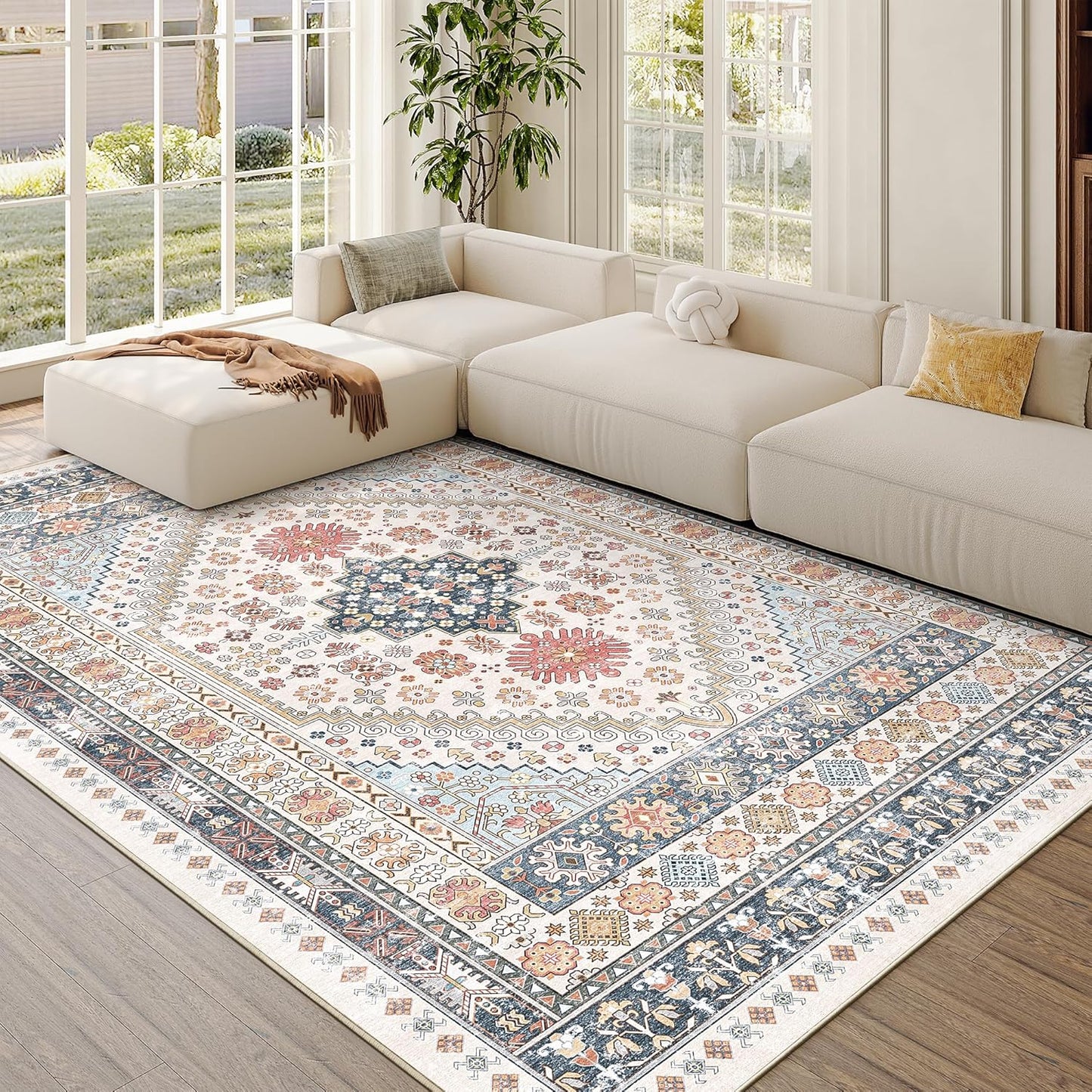 zesthome 5x7 Area Rugs - Ultra-Thin Washble Rug, Stain Resistant Anti Slip Backing Rugs for Living Room,Bedroom, Vintage Home Decor Area Rug (Multi,5'x7')