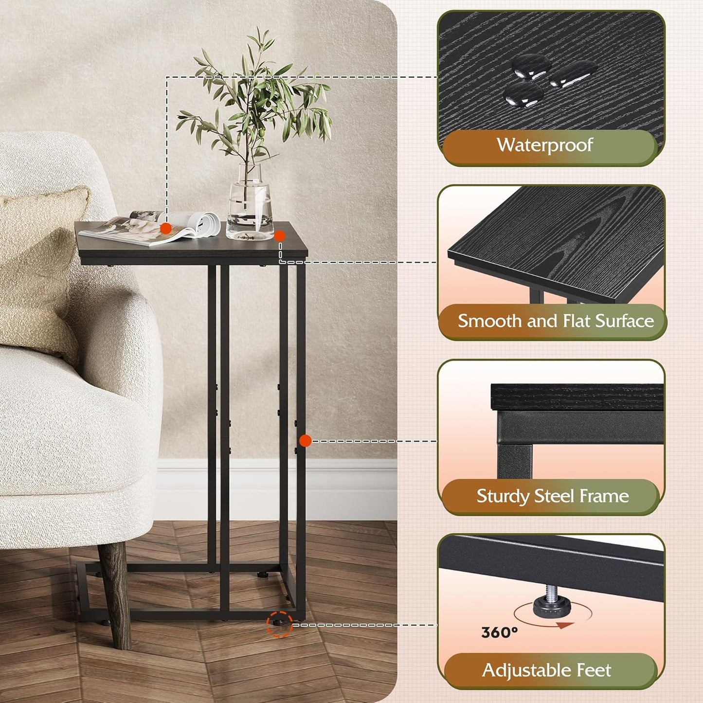 WLIVE Black Side Table Set of 2, C Shaped End Table Sets, Small Sofa Side Tables Bedroom, Living Room, Home Office, 2-Tier Couch Bedside Table for Small Spaces