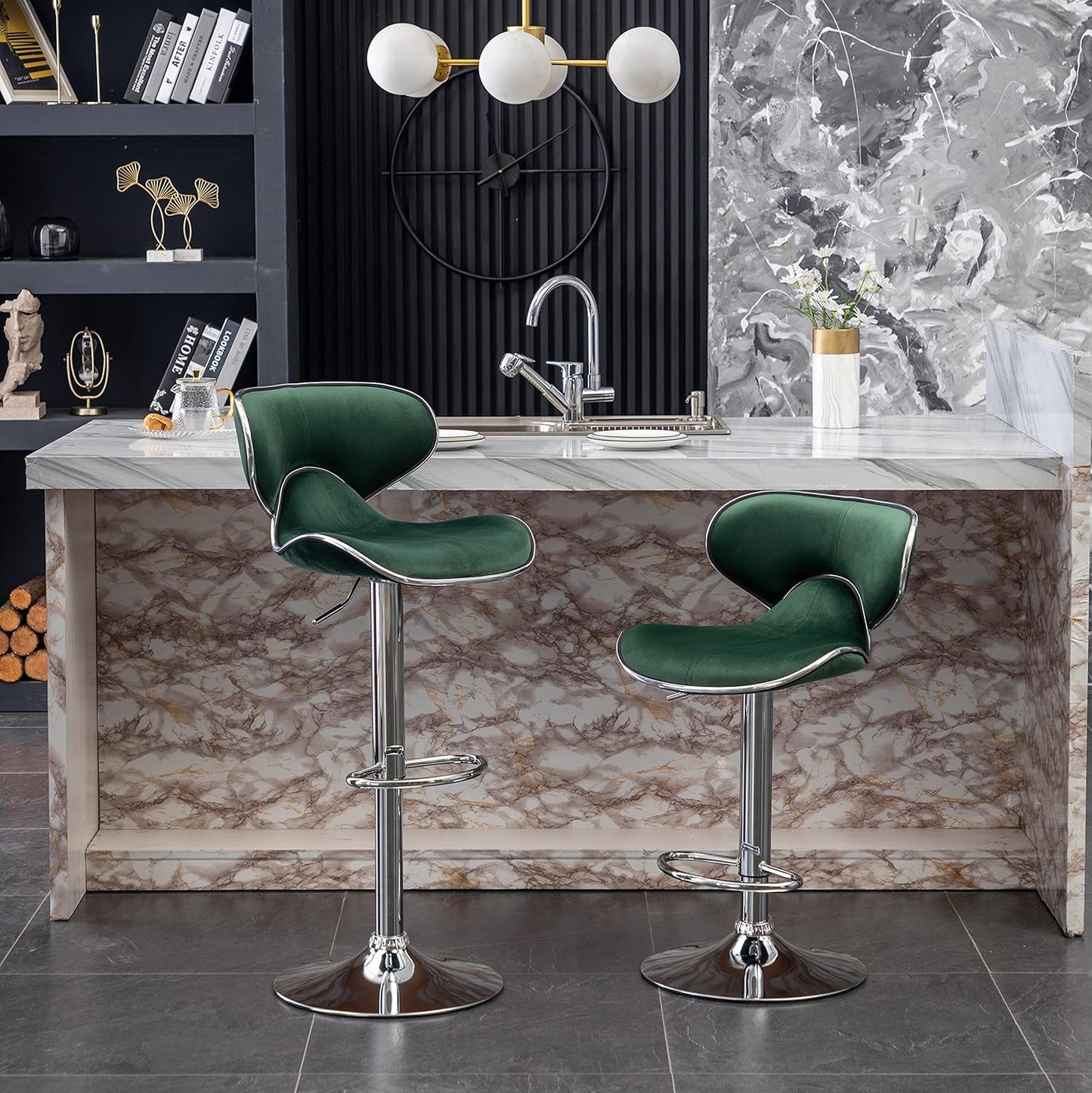 Roundhill Furniture Masaccio Velvet Upholstered Adjustable Swivel Barstool, Set of 2, Green