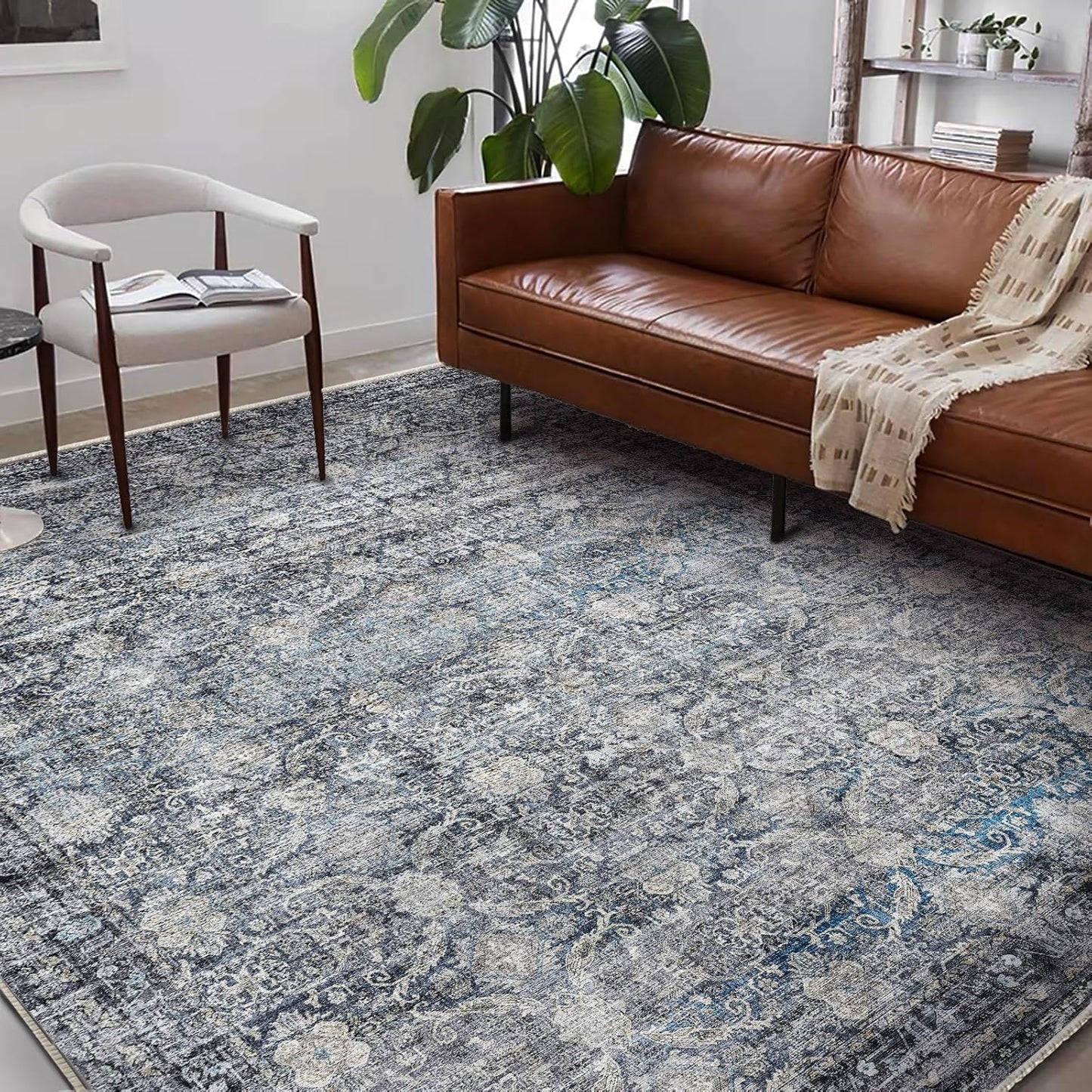 Area Rug 6'x9' Washable Vintage Traditional Floor Cover Thin Retro Kitchen Indoor Distressed Non Slip Carpet for Living Room Bedroom Dining Room