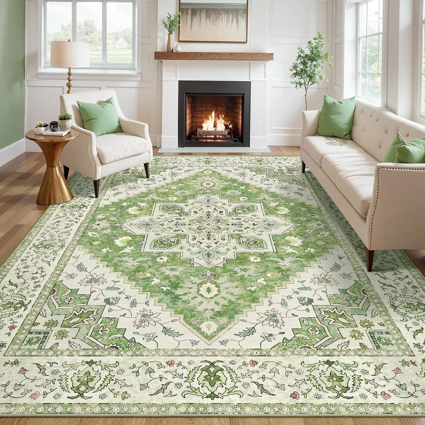 Tangsoo 5x7 Area Rug Washable Rug for Living Room, Vintage Indoor Non Slip Large Area Rugs, Print Distressed Green Carpet, Soft Low Pile Foldable Floor for Bedroom Dining Room Dorm
