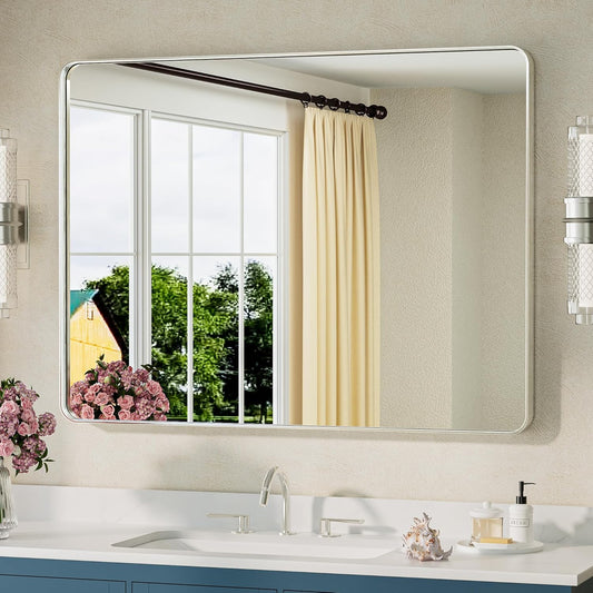 TETOTE Brushed Nickel Bathroom Mirror 40 x 30 Inch Brushed Nickel Metal Framed Bathroom Mirror, Tempered Glass, Modern Farmhouse Wall Mounted Mirror for Decorative(Horizontal/Vertical)