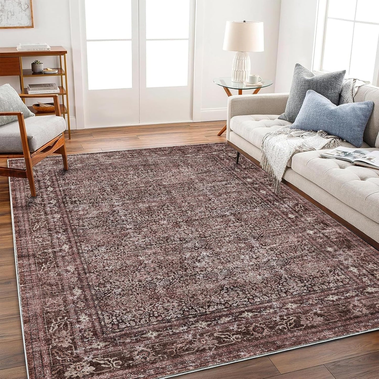 Washable Area Rug 4'x6' Traditional Floor Cover Foldable Thin Rugs Retro Kitchen Indoor Distressed Non Slip Carpet Floral Print Mat Bedroom Living Room