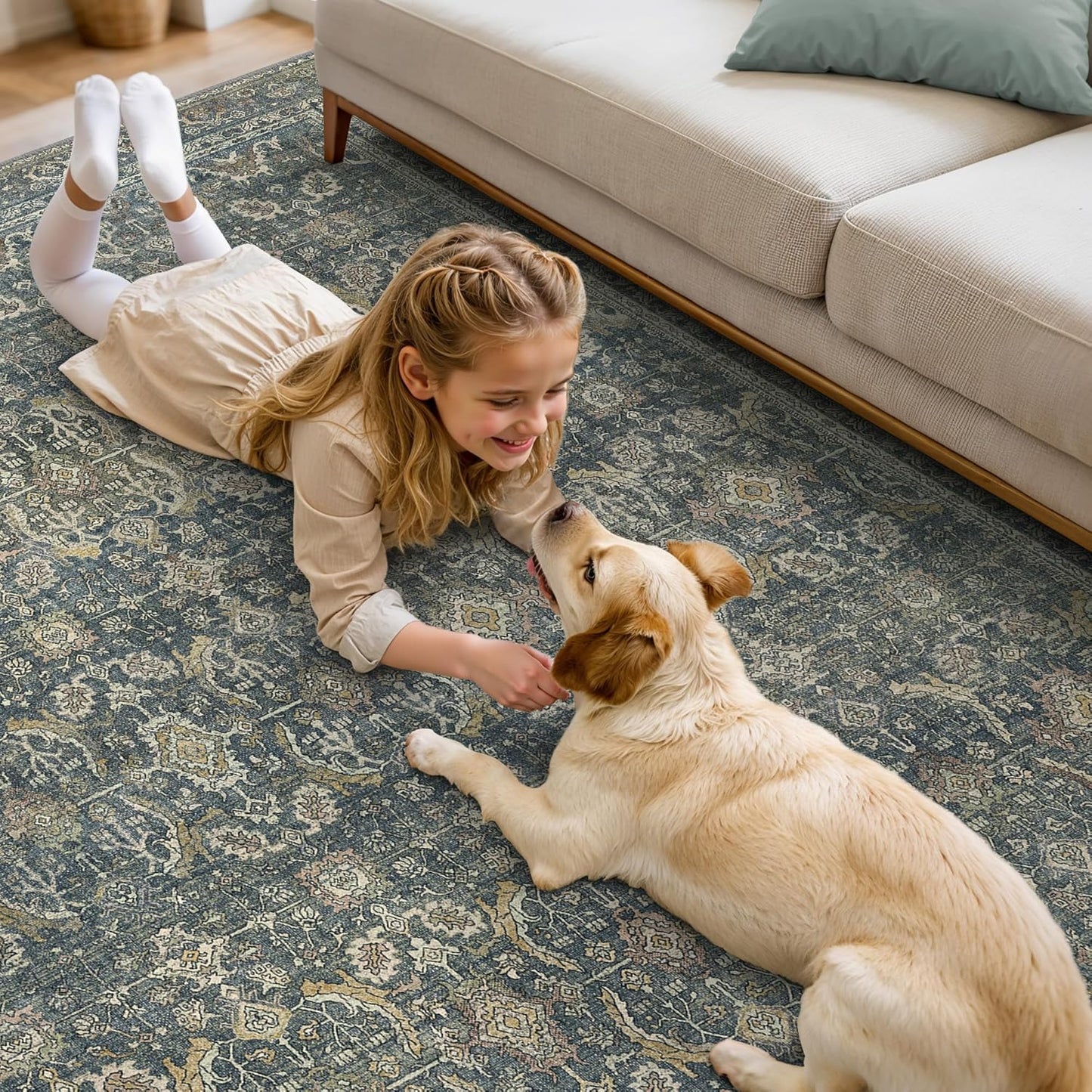 10X14 Area Rugs Machine Washable Rugs for Living Room, Vintage Boho Large Rugs for Bedroom Dining Room, Non Slip Indoor Soft Distressed Lightweight Thin Low Pile Carpet, Deep