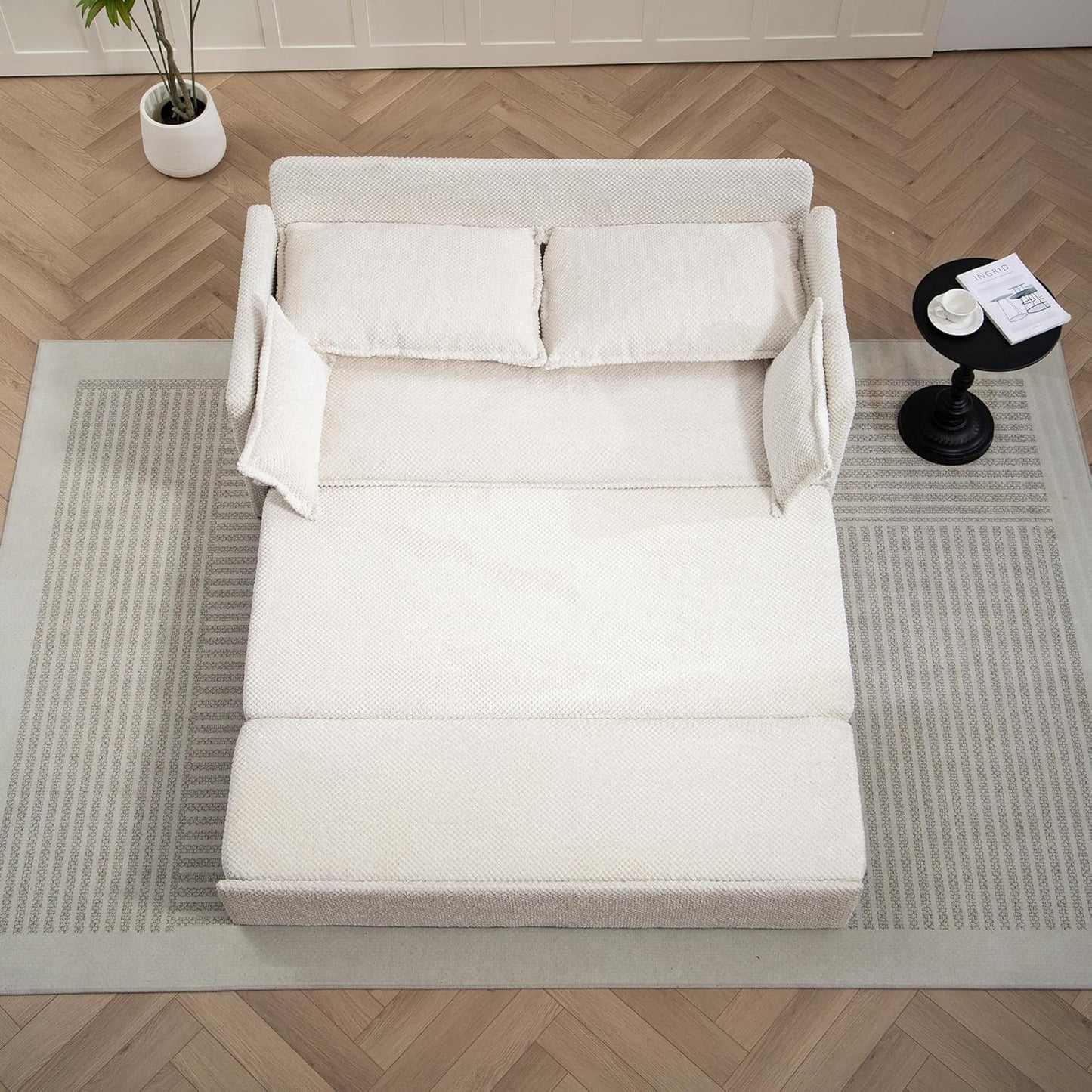 Furnimart 59.5" Queen Size Pull Out Sofa Bed, 3 in 1 Convertible Sleeper Bed with USB/C-Type Charging Ports & Side Pockets, Modern Futon Couch for Living Room, Apartment, RV, Corduroy White