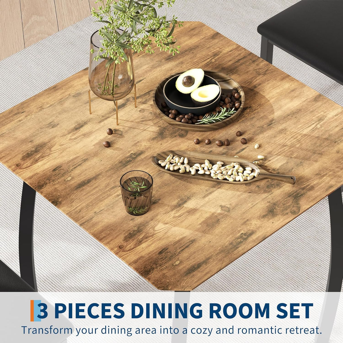 Small Dining Table Set for 2,3-Piece Kitchen Table Set with Thick Wood Grain Tabletop & 2 Upholstered Chairs & Metal Frame, Compact Table Set for Small Spaces, Kitchens & Dining Rooms (Brown)
