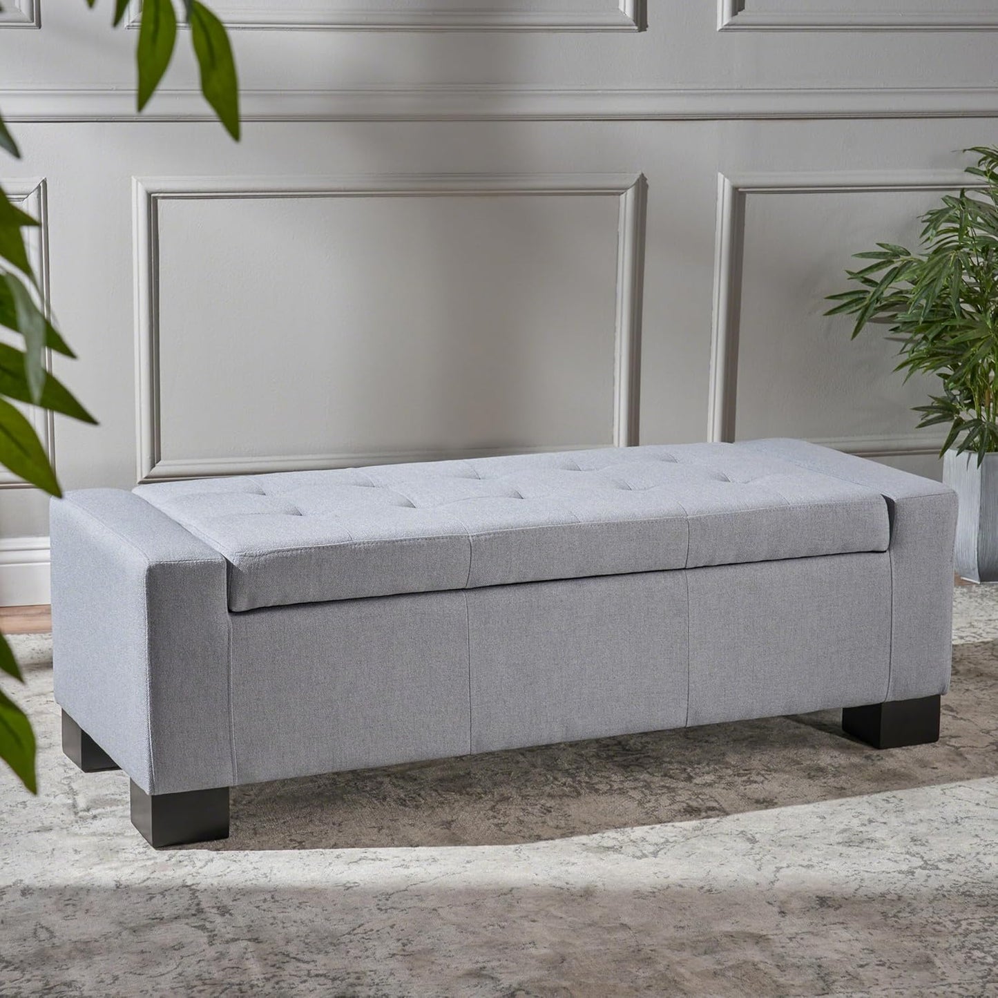 Ball & Cast 50.8" Upholstered Storage Ottoman with Tufted Waffle Stitch,End Bench w/Uses Pressure Hinges and Wood Legs,Entryway Fabric Footrest Stool for Living Room & Bedroom,Navy Blue
