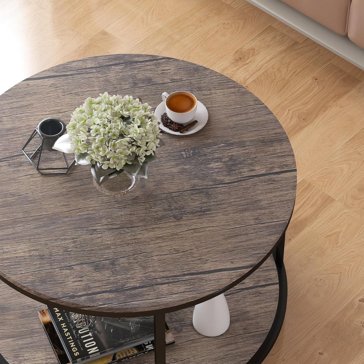 Round Coffee Table, Rustic Wooden Surface Top & Sturdy Metal Legs Industrial Sofa Table for Living Room Modern Design Home Furniture with Storage Open Shelf (Walnut, 25.6 in)