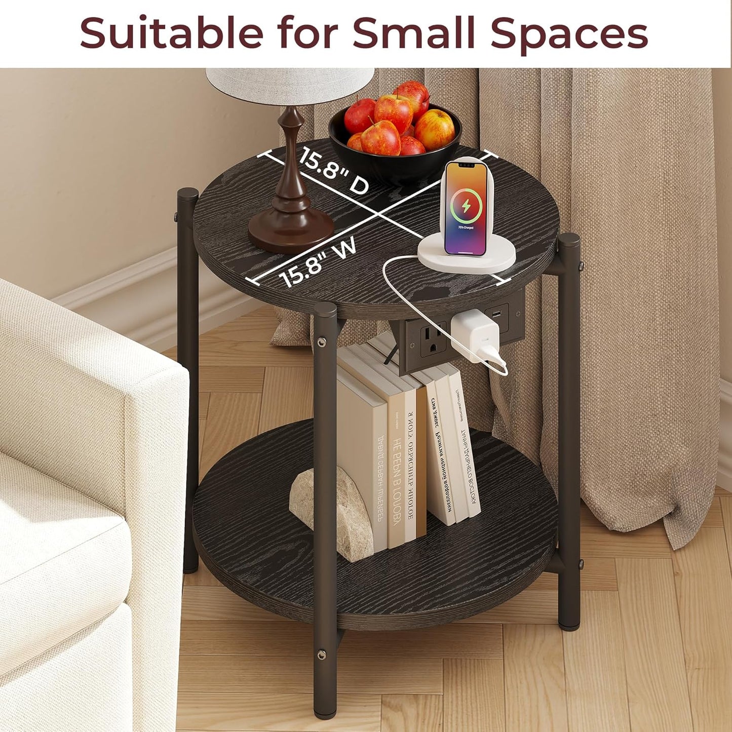 LIKIMIO Small Round End Tables Set of 2 with Charging Station, 2-Tier Wooden Side Tables, 15.8" W Modern Nightstands for Small Spaces, Living Room, Bedroom, Black
