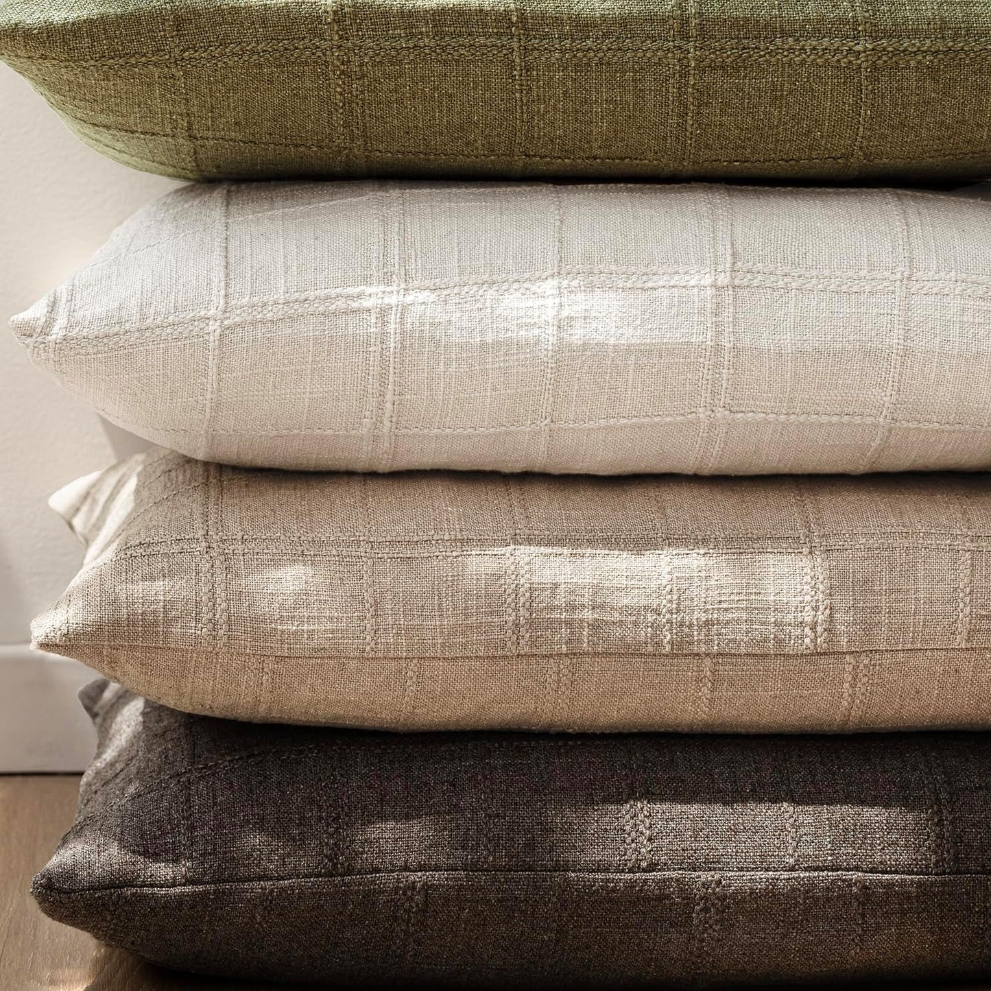 Foindtower Set of 2 Decorative Linen Check Throw Pillow Covers Neutral Farmhouse Vintage Cushion Covers Modern Coastal Boho Home Decor For Sofa Chair Couch Bedroom Living Room Outdoor,24×24 Inch,Camel