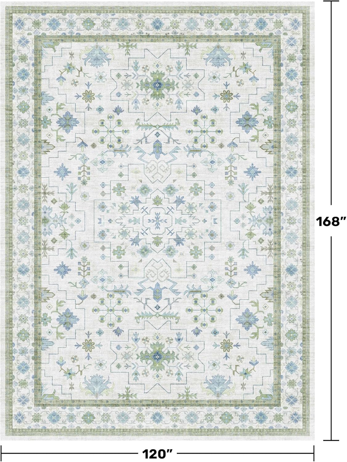 Oriental 10x14 Rug Living Room - Washable Oushak Boho Extra Large for Bedroom Non Slip Soft Faux Wool Carpet for Dining Room Playroom - Cream Blue and Green Floral Rug