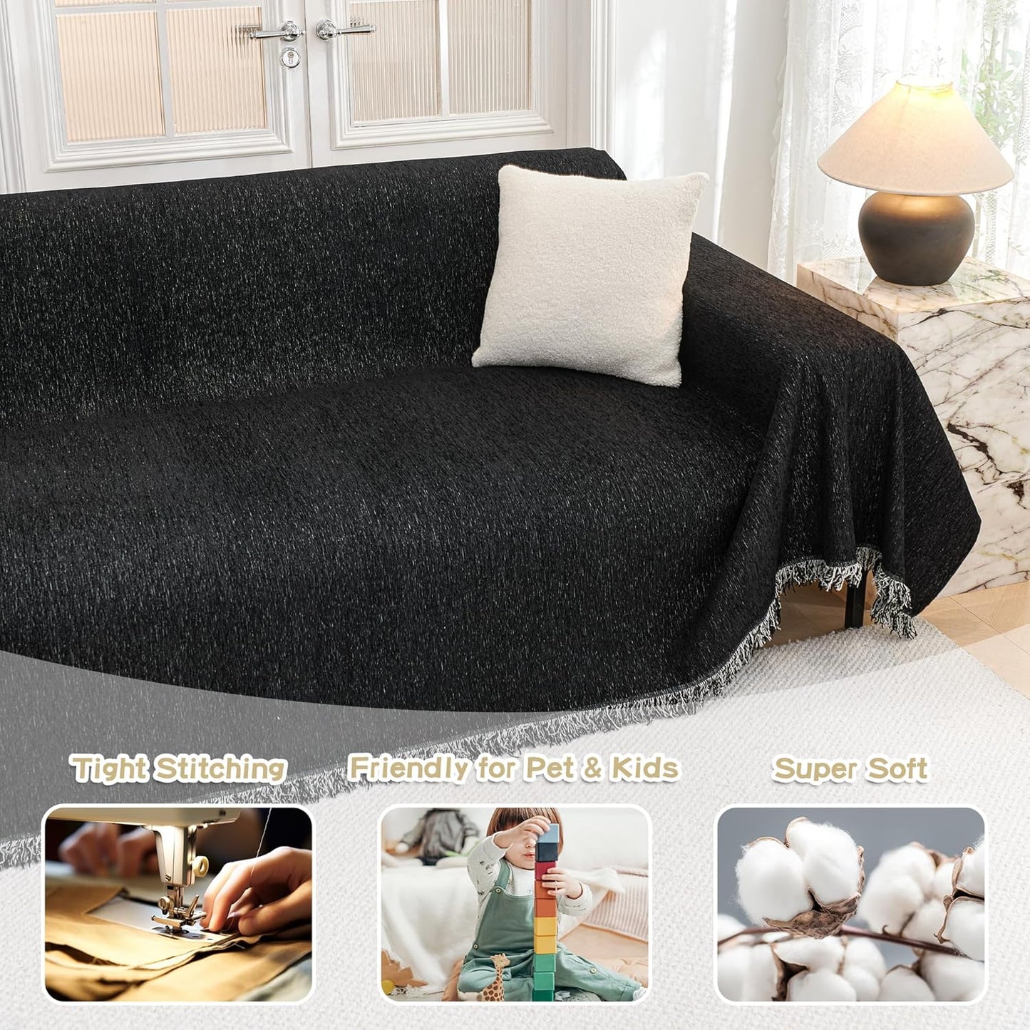 MYSKY HOME Oversized Couch Cover Sofa Covers Couch Covers for 3 Cushion Couch Sofa Pet Friendly L Shaped Couch Cover Sectional Couch Cover Non Slip Furniture Protector for Kids, Dogs, 91"x150", Black