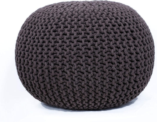FRELISH DECOR Round Pouf Ottoman Hand Knitted 100% Cotton Pouf Foot Stool - Knitted Bean Bag - Floor Chair for Living Room Bedroom - Foot Rest for Couch (20 Diameter x 14 Height) - Brown