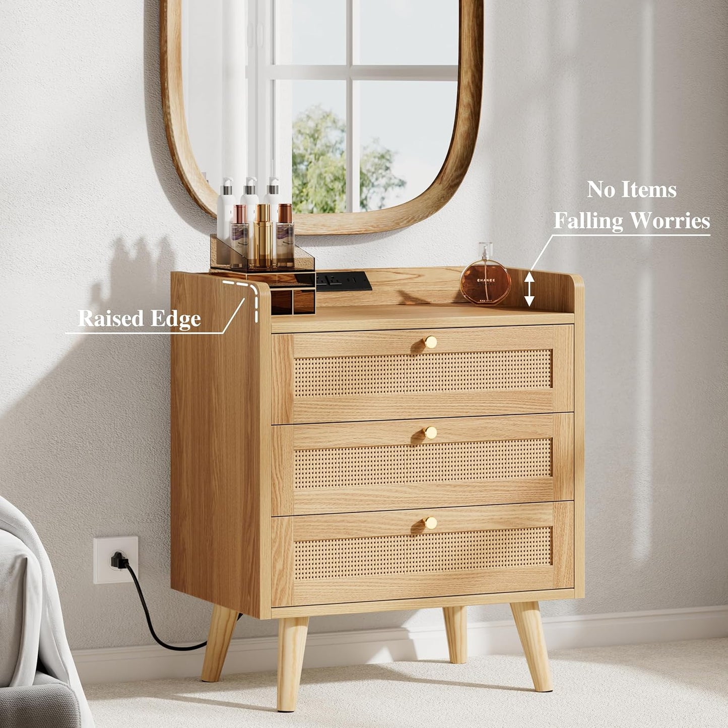 Rattan Nightstand with Charging Station, Night Stand with 3 Large Drawers, Side Table with USB Ports and Outlets, Bedside End Table for Bedroom