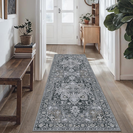 GENIMO 2'6''x14 Runner Rugs for Hallway, Machine Washable Non Slip Vintage Rugs, Low Pile Lightweight Soft Print Rug for enrtyway, Corridor, Home Office, Kitchen,Dark Gray