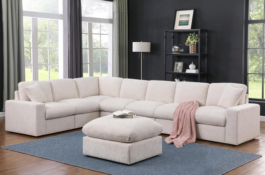 146" Convertible Sectional Sofa Couch,8 Seat Modular Living Room Furniture Sets with 2 Pillows & Ottoman,Chenille Upholstered Cloud Couches,Oversized L-Shaped Comfy Sofas,for Living Room,Beige