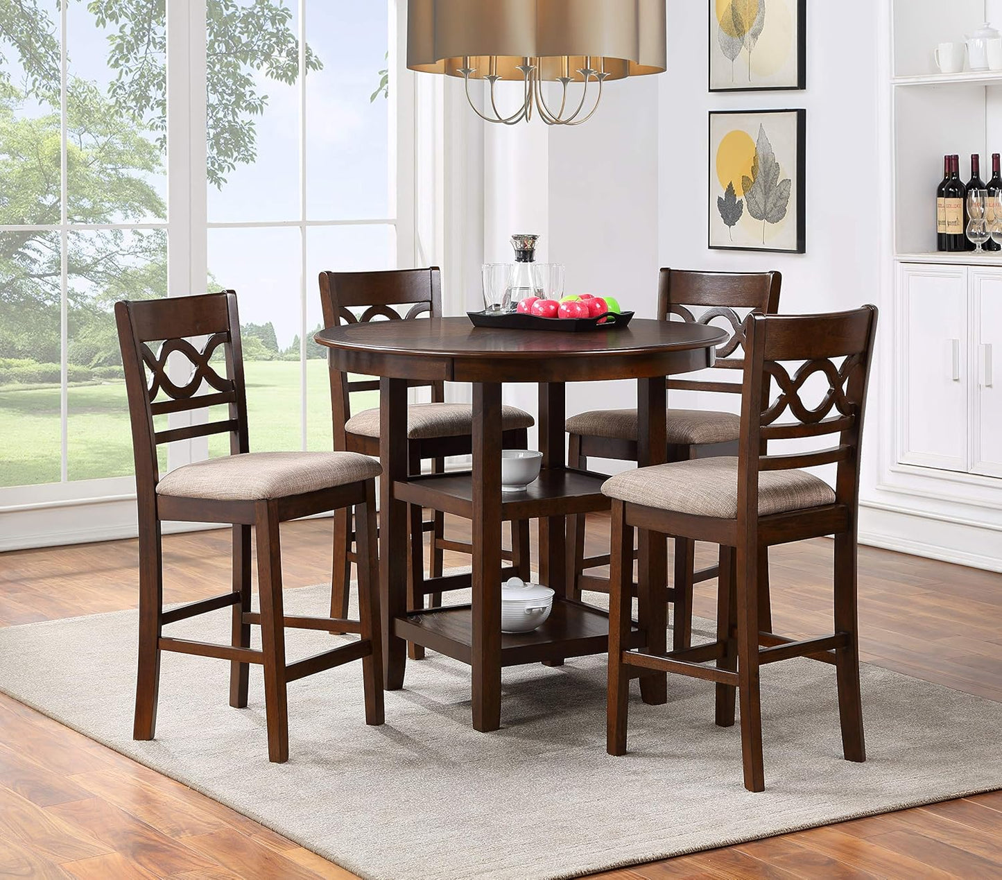 New Classic Furniture Cori 5-Piece Round Counter Set with 1 Dining Table and 4 Chairs, 42-Inch, Cherry Brown