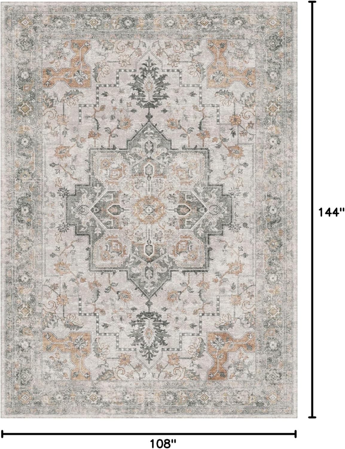 GENIMO 9x12 Area Rugs for Living Room, Non Slip Machine Washable Vintage Rugs, Low Pile Lightweight Chenille Print Large Rug for Bedroom, Dining Room, Home Office, Light Taupe Brown
