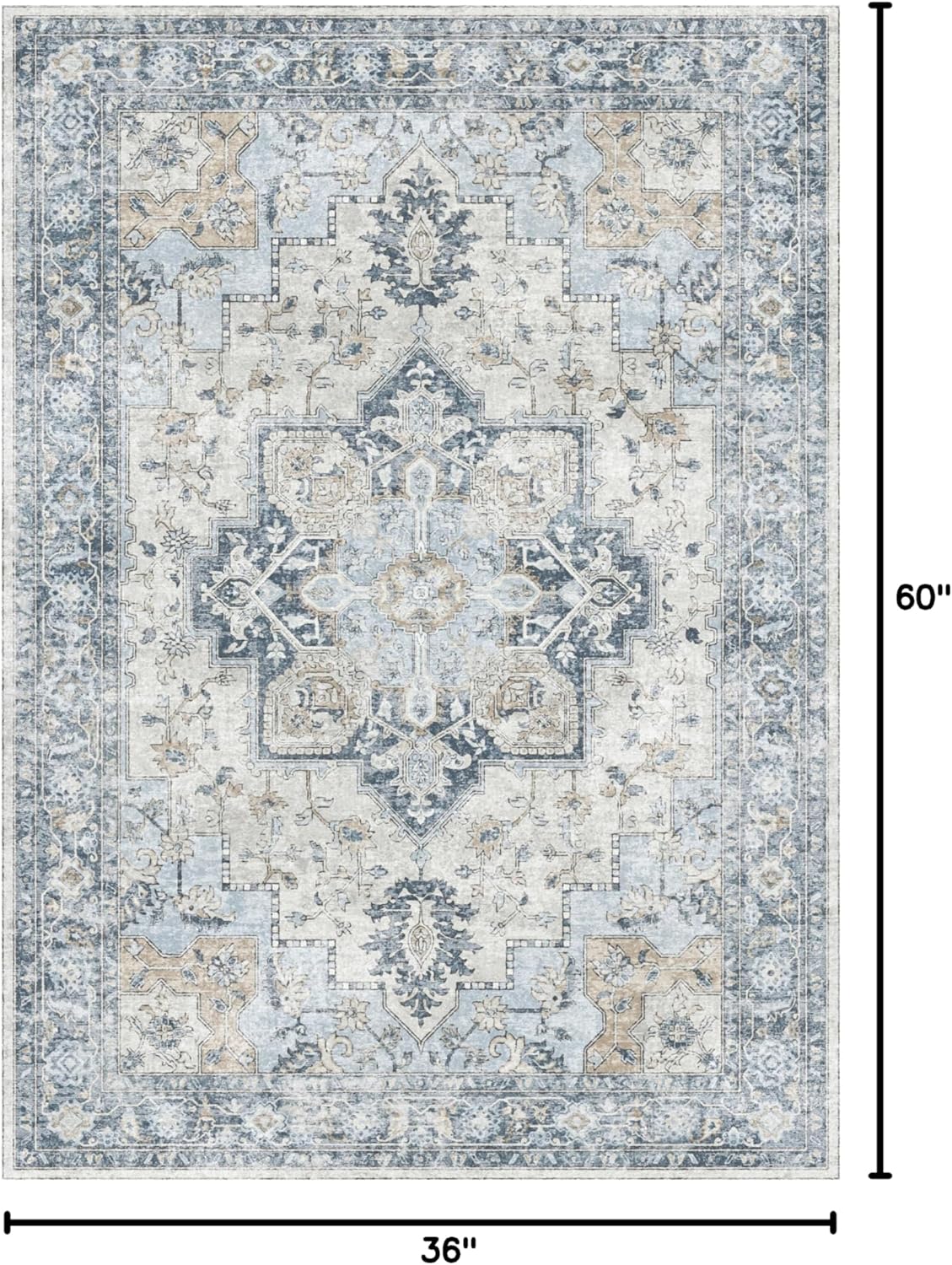 GENIMO 3x5 Area Rugs for Living Room, Machine Washable Rug, Non Slip Vintage Rugs, Low Pile Lightweight Chenille Print Rug for Bedroom, Dining Room, Home Office, Blue