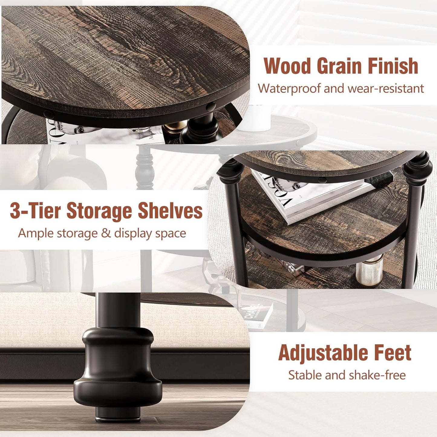 GarveeHome Round End Table with Storage Shelves, 3-Tier Round Farmhouse Side Table w/Mental Support Legs, Rustic End Table Accent Nighstands for Living Room Bedroom (A, Dark Oak)