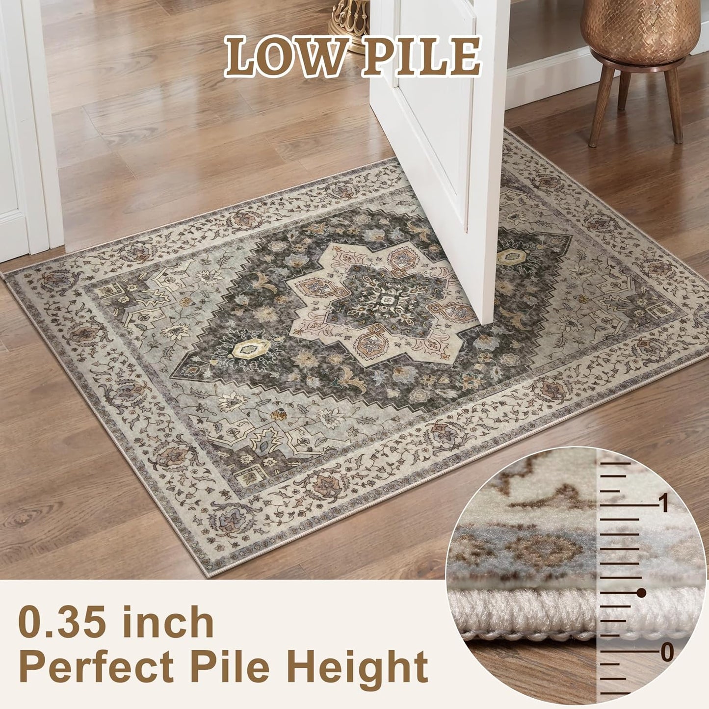 Tangsoo 2x3 Washable Rugs for Entryway, Vintage Non Slip Small Area Rug, Indoor Front Door Rug, Door Mat Small Carpet, Soft Low Pile Entry Rug for Entrance Kitchen Bedroom Print Distressed Grey/Brown