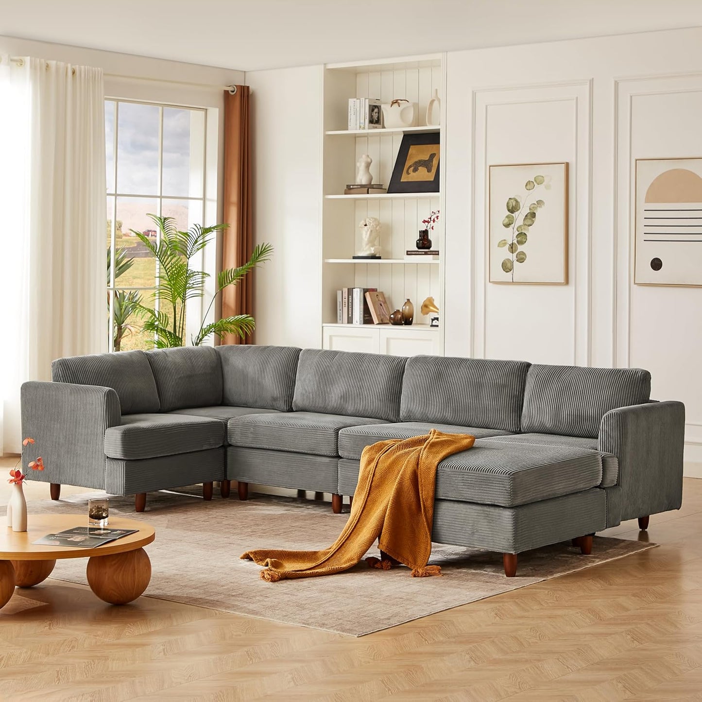 127.5" L/U-Shaped Sectional Couch with Movable Ottoman & 6 Removable Back Cushion, Corduroy Fabric Upholstered 6 Seat Modular Sleeper Sofa,DIY Free Combination Couches for Living Room,Grey